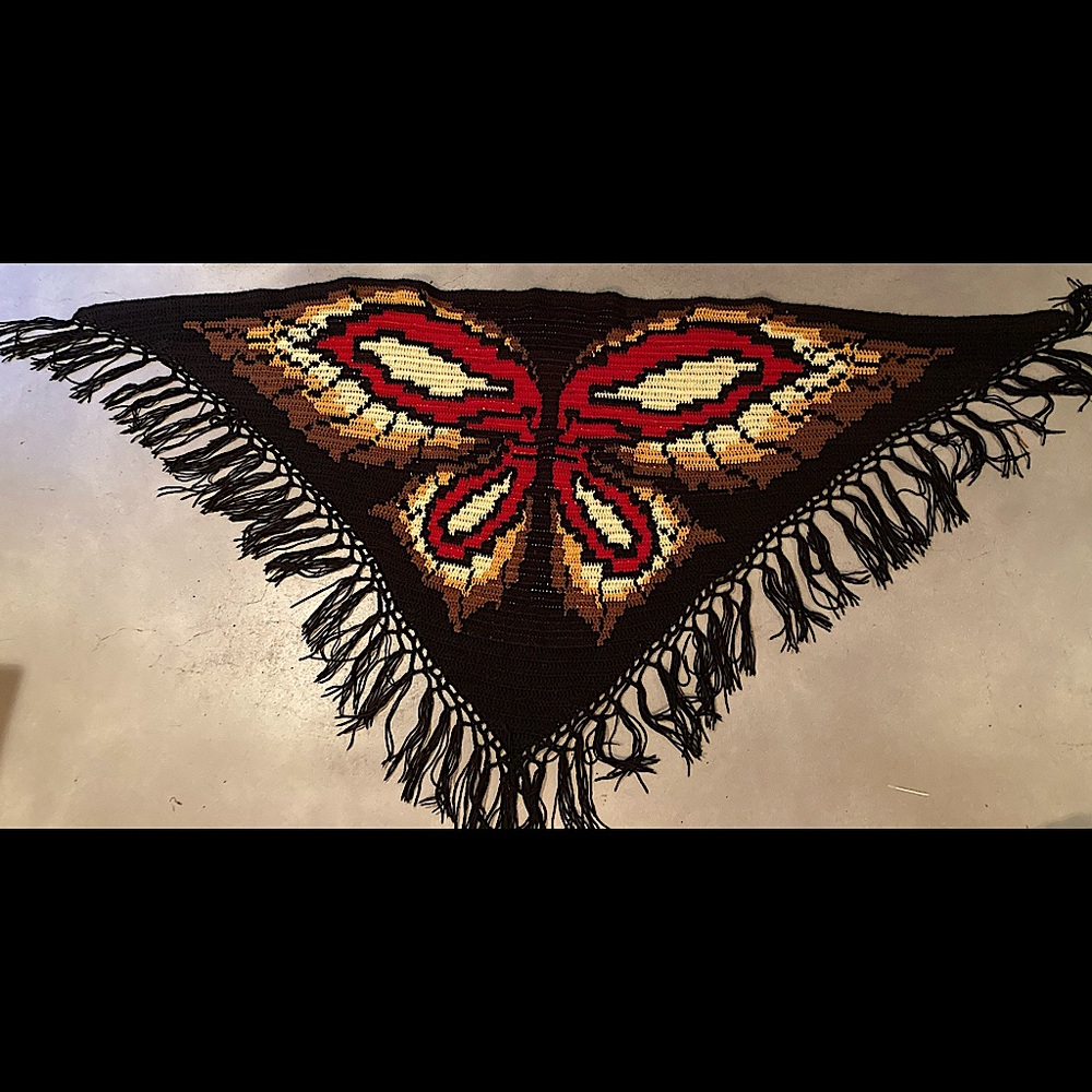 Vintage boho handmade butterfly shawl with fringe